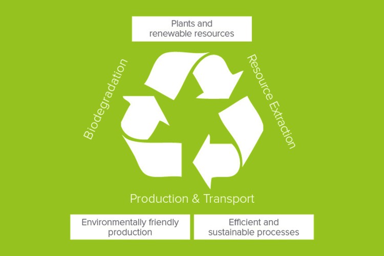 The graphic shows the cycle from certified raw material extraction through environmentally friendly manufacturing processes to environmentally friendly materials and products.