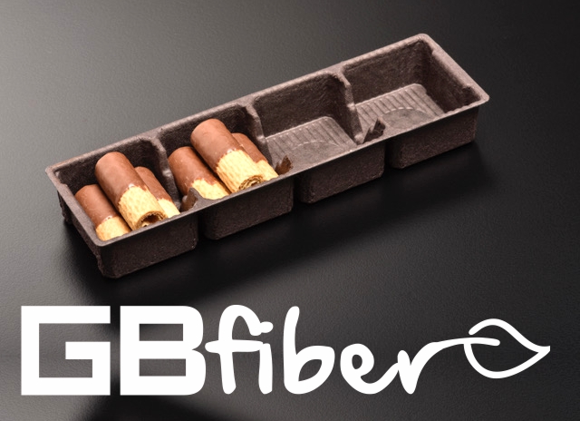 The Biscuittray of the next generation. A half-opened cookie package with pulled-out inner part, which was previously used only from plastic. From now on pulp. In the middle the GBfiber logo.